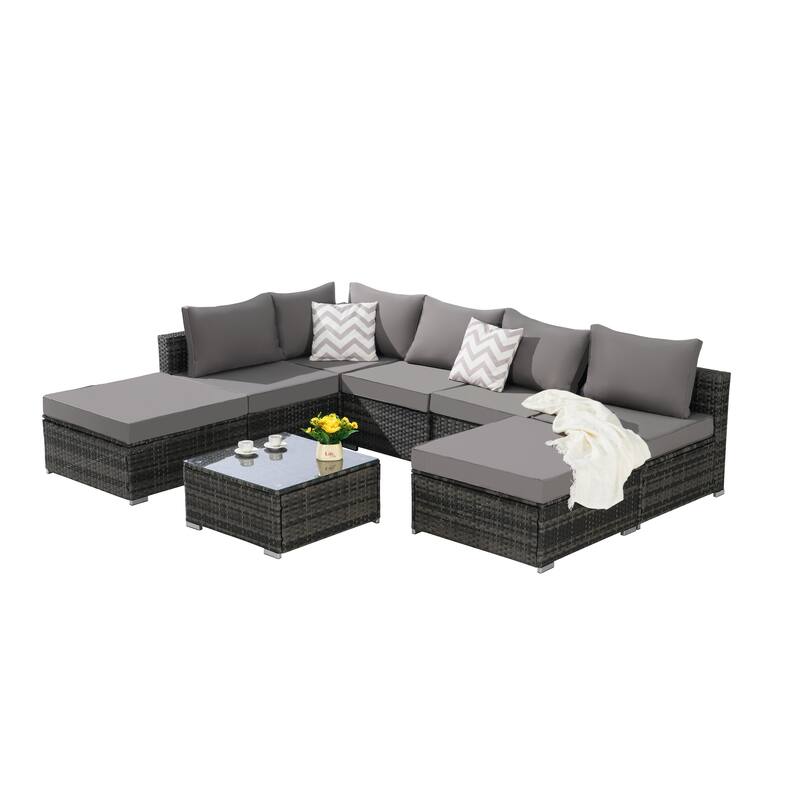 8-Piece Sectional Sofa Set with Washable Cushions & Glass Table