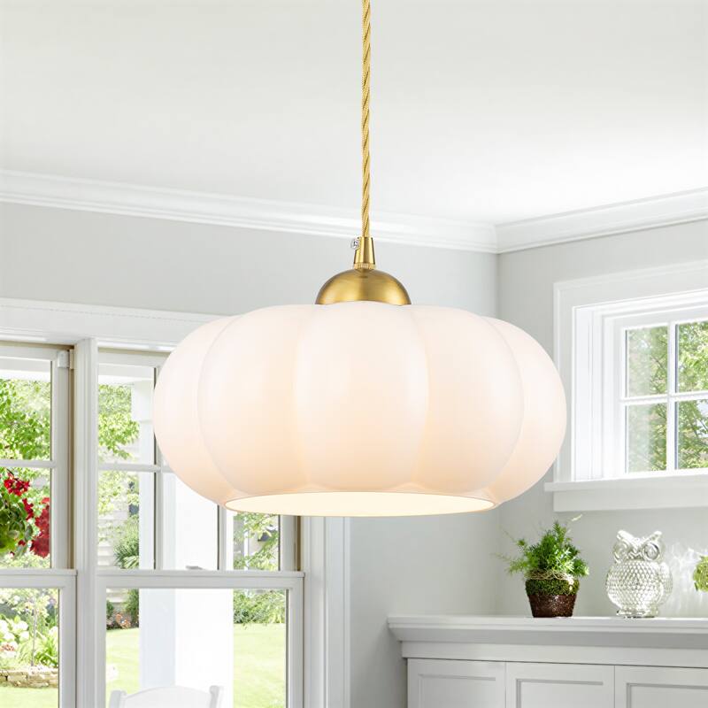 1-Light Gold Lantern Chandelier Drum Shape Hanging Kitchen Island Light