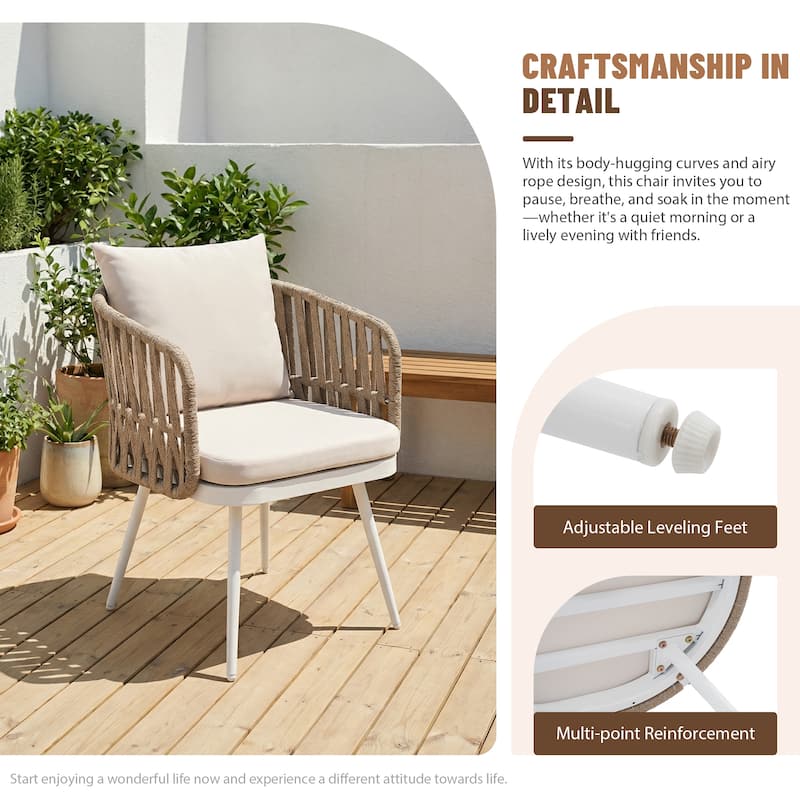 Patio Dining Chair Set - Metal Frame with Woven Rope Seat