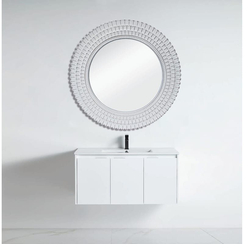 Distressed White Wood Carving Round Mirror, 31.5"