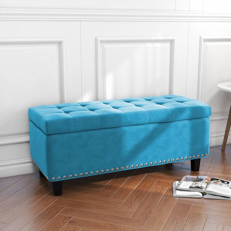 Modern Velvet Button Tufted Rectangle Storage Ottoman