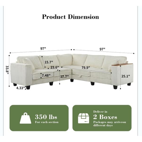 dimension image slide 0 of 3, GDFStudio - Jackson Oversized L-Shaped Corduroy Corner Couch with Armrest Storage