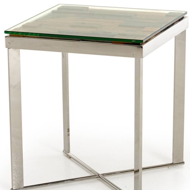 HomeRoots 22" Silver and Brown Reclaimed Wood Glass and Steel Square End Table - 29