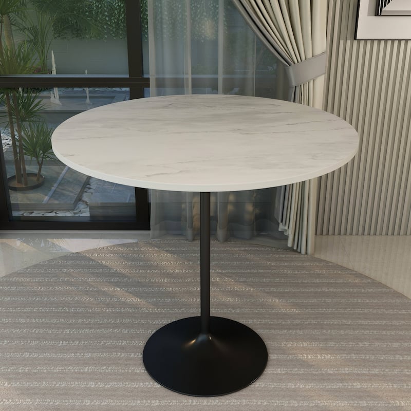LeisureMod Verve Round Bar Dining Table with White Resin TableTop and Black Steel Base for Kitchen & Dining Room