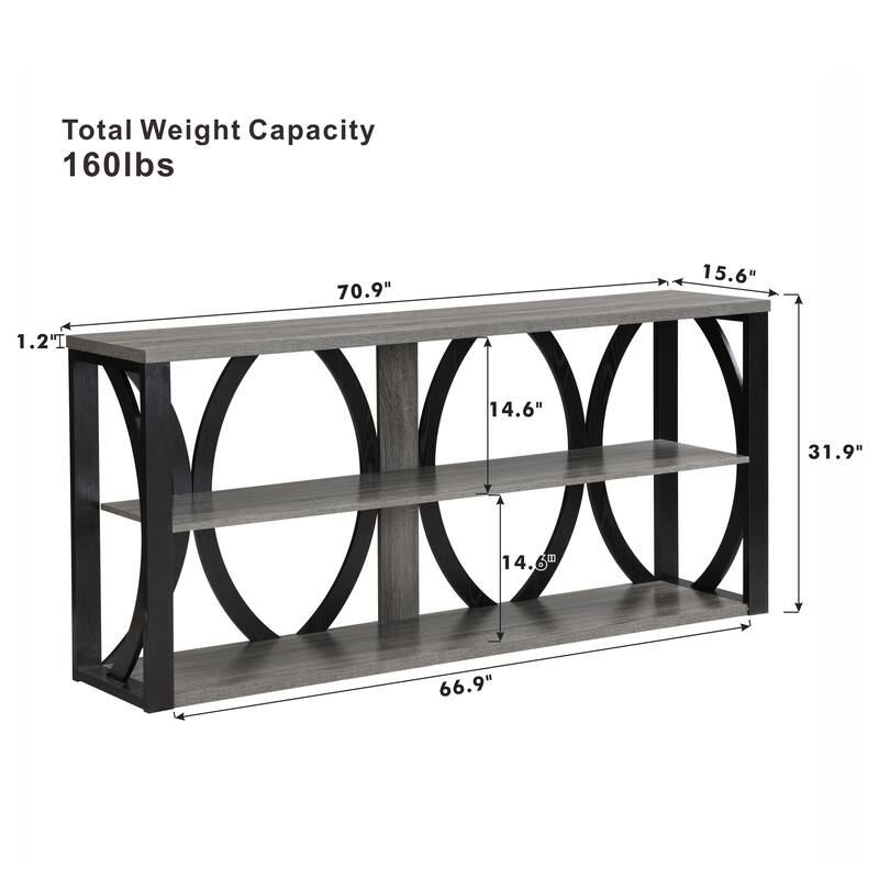 3-Tier Industrial Console Table, 70.87" Extra Long Entryway Sofa Table with Storage Shelves for Living Room, Foyer, Hallway