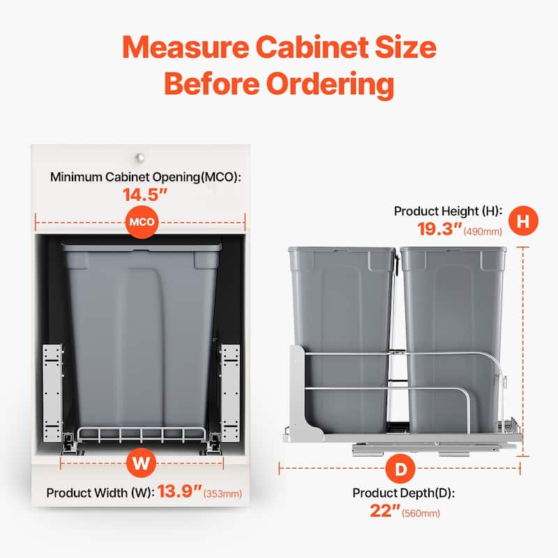 Under Cabinet Pullout Trash Bin with Soft Close System and Dual Bins