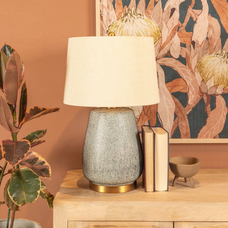 Textured Stoneware Table Lamp with Gold Accents and Linen Shade