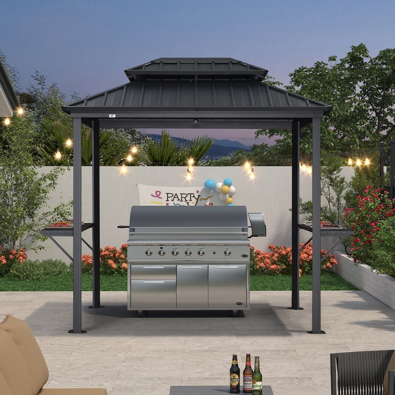 PURPLE LEAF Hardtop Grill Gazebo Galvanized Steel Roof Outdoor BBQ Canopy with Ceiling Hook and Shelves