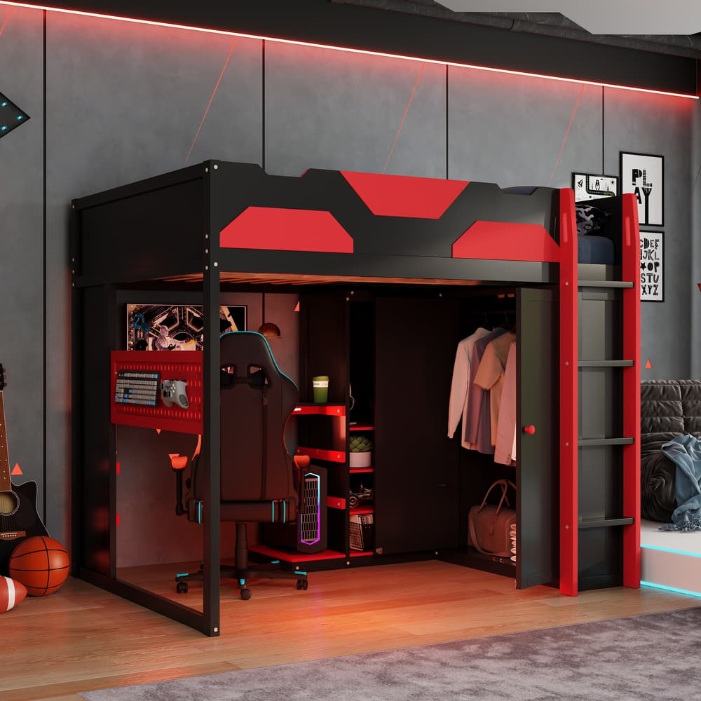 All-in-one Esports Gaming & Work Loft Bed with Adjustable Desk, LED, Charging Station, Pegboard, Storage Shelves and Wardrobe