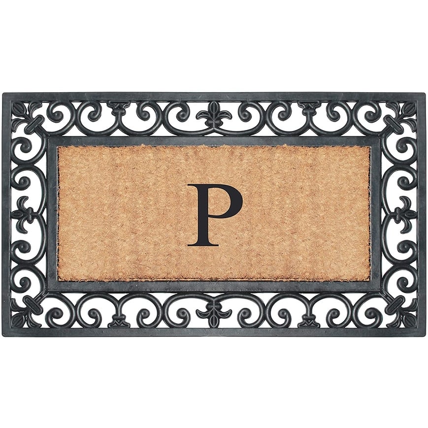 A1HC Rubber and Coir Paisley Border Monogrammed Outdoor Doormat Black, 18"X30"