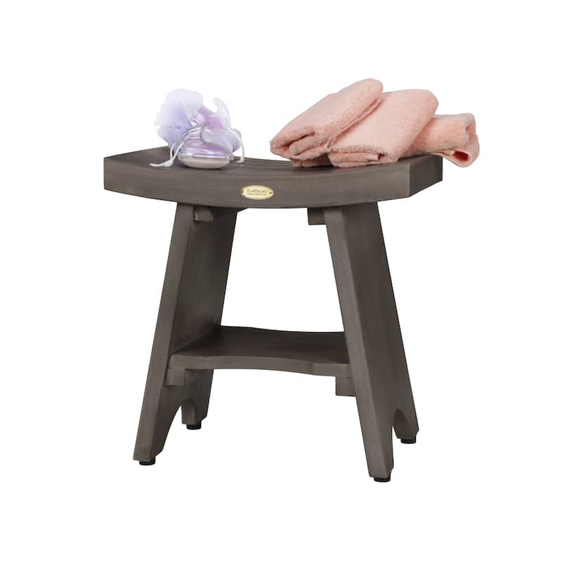CoastalVogue Serenity Antique Gray Teak Wood Shower Stool with Curved Seat 18-inches Wide x 18-inches High