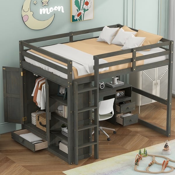 slide 2 of 15, Gray Full Size Solid Wood Loft Bed with Built-in Wardrobe, Desk, Storage Shelves and Drawers Gray