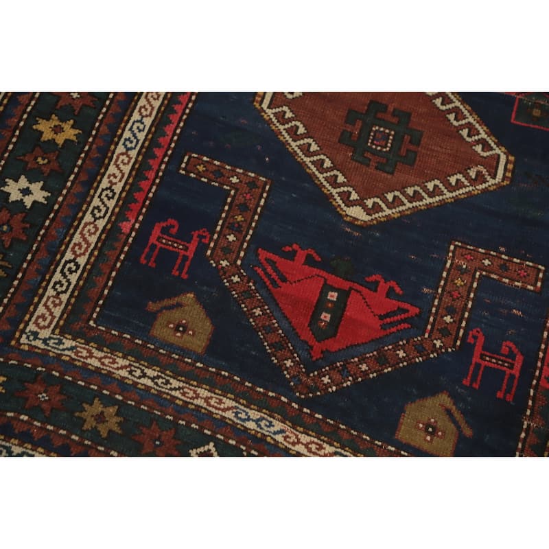 Hand Knotted Oriental 100% Wool Carpet Traditional Tribal Navy Blue & Blues Kazak Runner Rug - 6' 7'' X 3' 5''