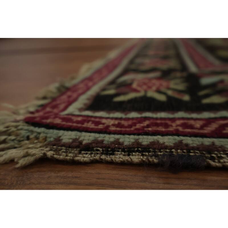 Hand Knotted Oriental 100% Wool Carpet Traditional Floral Black Karabagh Runner Rug - 17' 11'' X 3' 5''