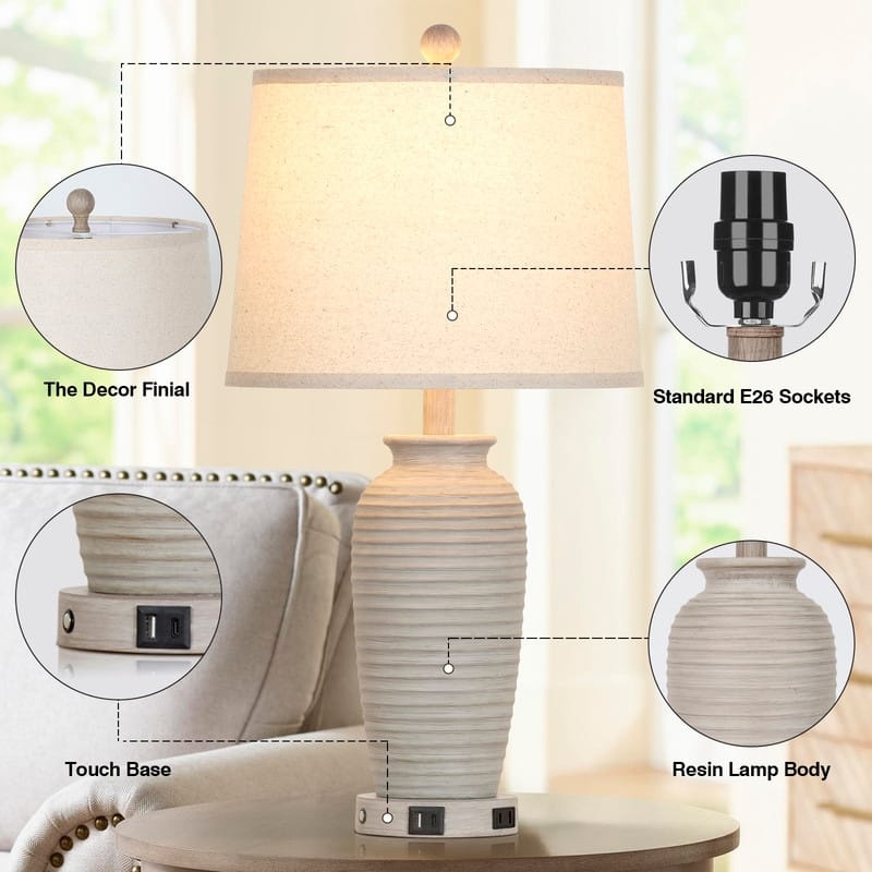 25'' Grey Modern Table Lamp with Dual USB Charging Ports 3000K Dimmable LED(Set of 2) - 12.5‘’ x 12.5'' x 25''