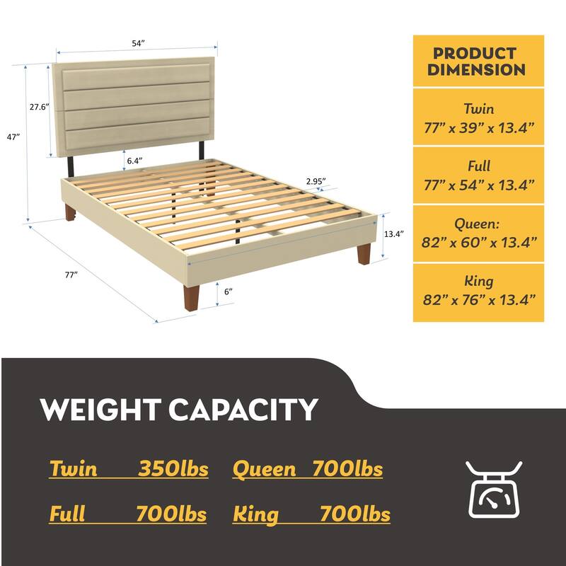 Full Size Upholstered Platform Bed Frame / Mattress Foundation / Wood Slat Support / No Box Spring Needed / Easy Assembly