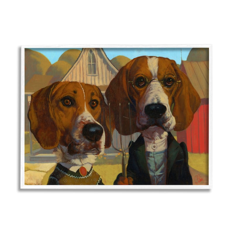 Stupell Basset Hound American Gothic Farm Pet Parody Framed Wall Art - Brown - 16 x 20 - White