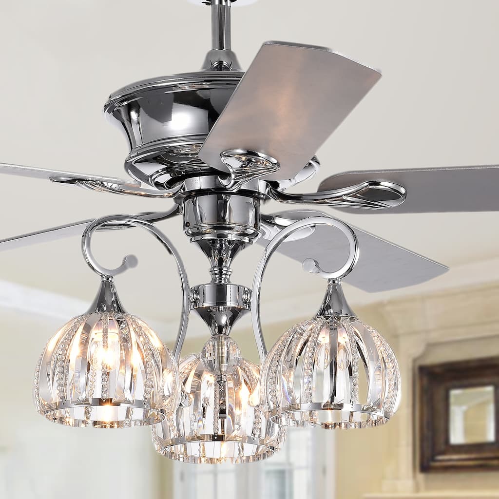 Mavyn Chrome 5-Blade 52-Inch 3-Light Lighted Ceiling Fan w Crystal Chandelier 2 Blade Colors (Optional Remote)