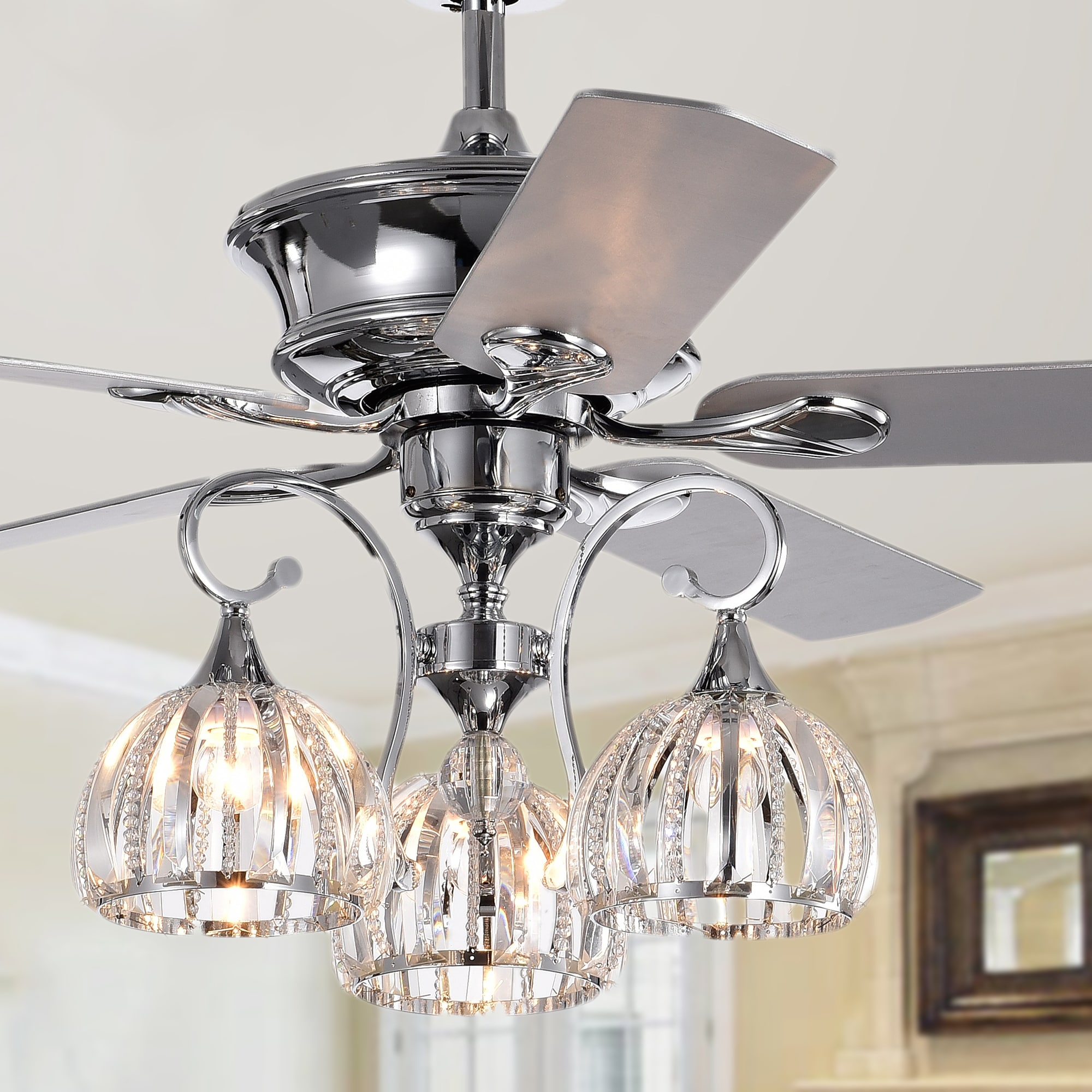 Mavyn Chrome 5-Blade 52-Inch 3-Light Lighted Ceiling Fan w Crystal Chandelier 2 Blade Colors (Optional Remote)