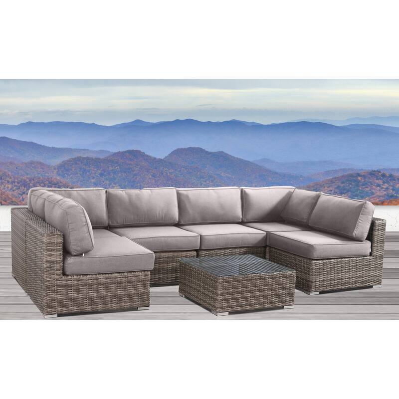 Resort Grade Set 7 Piece Rattan Sunbrella Sectional Seating Group - Taupe