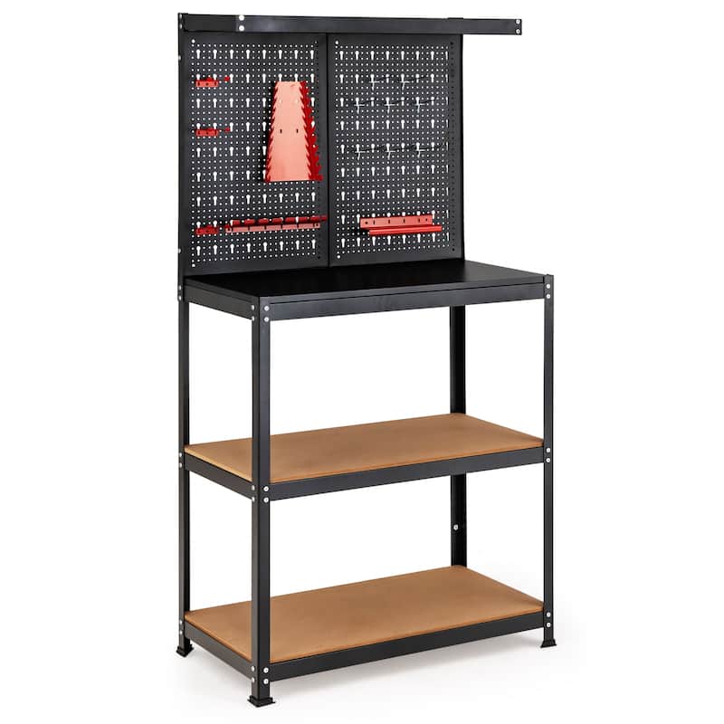 Black Steel MDF Workbench with Pegboard, Shelves and Hanging Accessories - 31.5" L x 16" W x 61" H