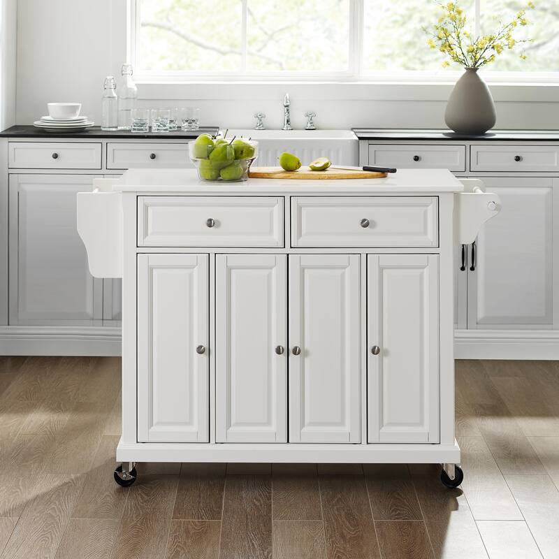 Kitchen Cart with Granite Top - Full Size Rolling Utility Island - Modern White Kitchen Storage