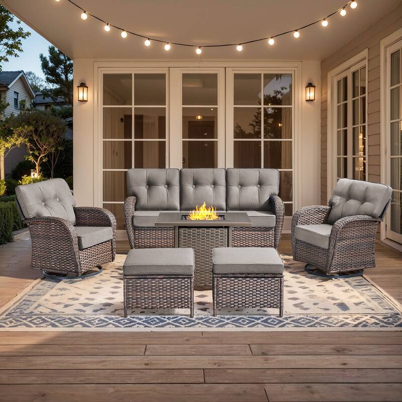 Pocassy Ooutdoor Fire Pit Table with Sofa Chair Ottoman Set - Brown Wicker & Gray cushion