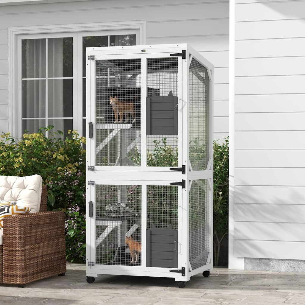 White-Grey Fir Wood Steel Cat Cage with Multi-Level Platforms and Wheels