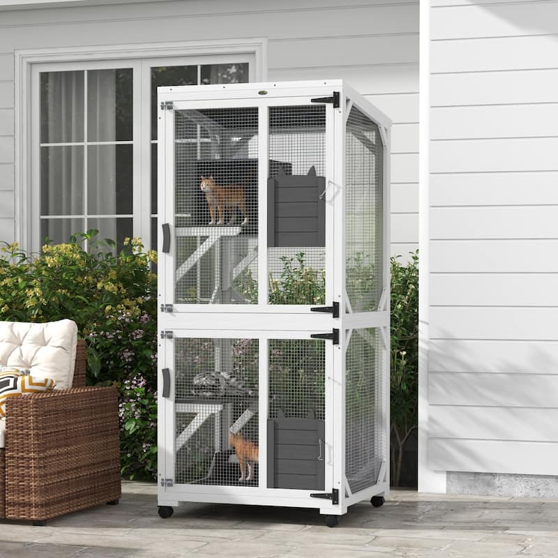 White-Grey Fir Wood Steel Cat Cage with Multi-Level Platforms and Wheels