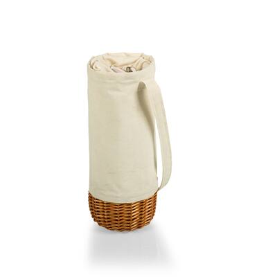 PICNIC TIME Malbec Insulated Canvas and Willow Wine Bottle Basket, (Beige Canvas) - 5.25 x 5.25 x 13