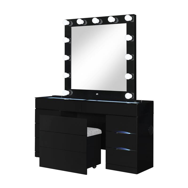 HomeRoots 62" Black Wood And Glass Six Drawer Vanity Table With Mirror Seating And Lights