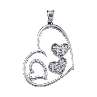 10k White Gold 1/8 Carat Round Diamond Triple Nested Heart Pendant