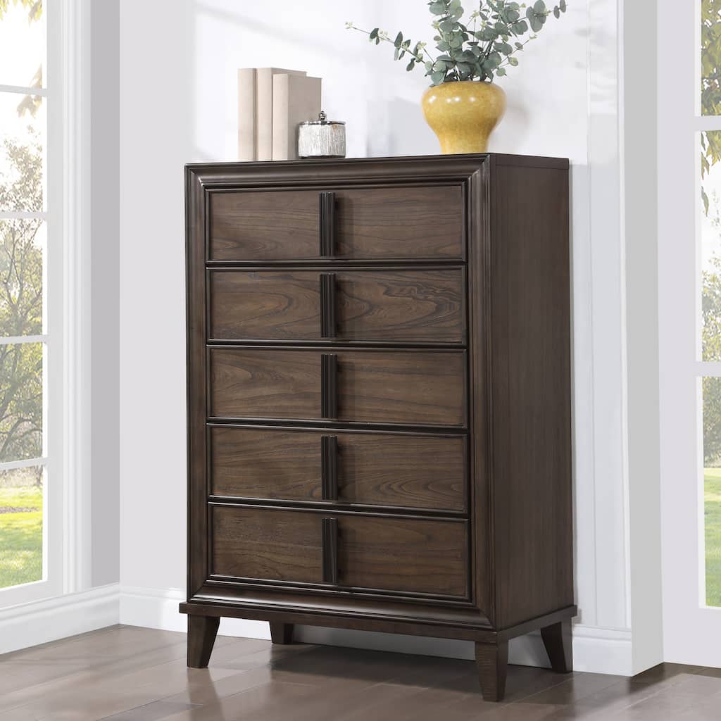 Roundhill Furniture Aetheria Contemporary Wood 5-Drawer Chest in Dark Brown