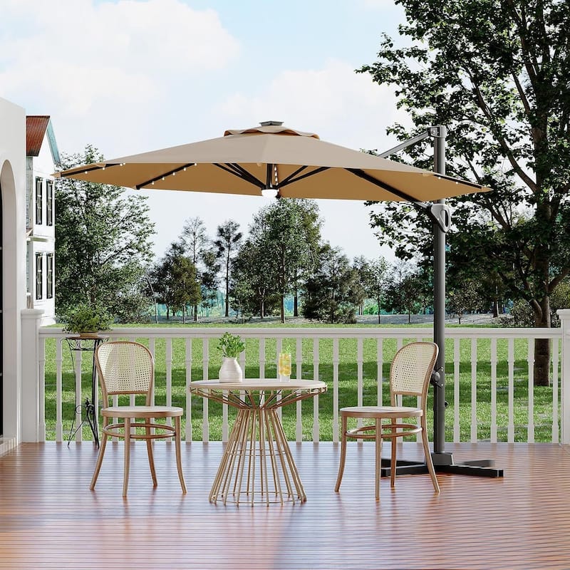 10FT Outdoor Patio Cantilever Umbrella with LED for Garden Pool Deck BackYard - Tan