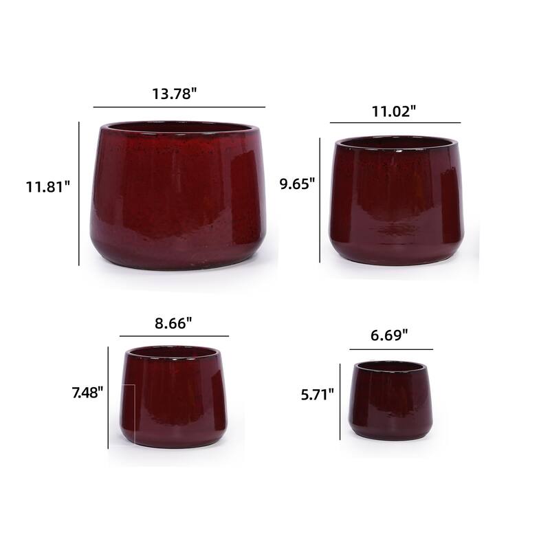 Handmade Ceramic Flower Pot Set of 4, 7/9/11/14 Inch Diameter, Deep Red Speckled Glaze for All Flowers, Indoor/Outdoor Use
