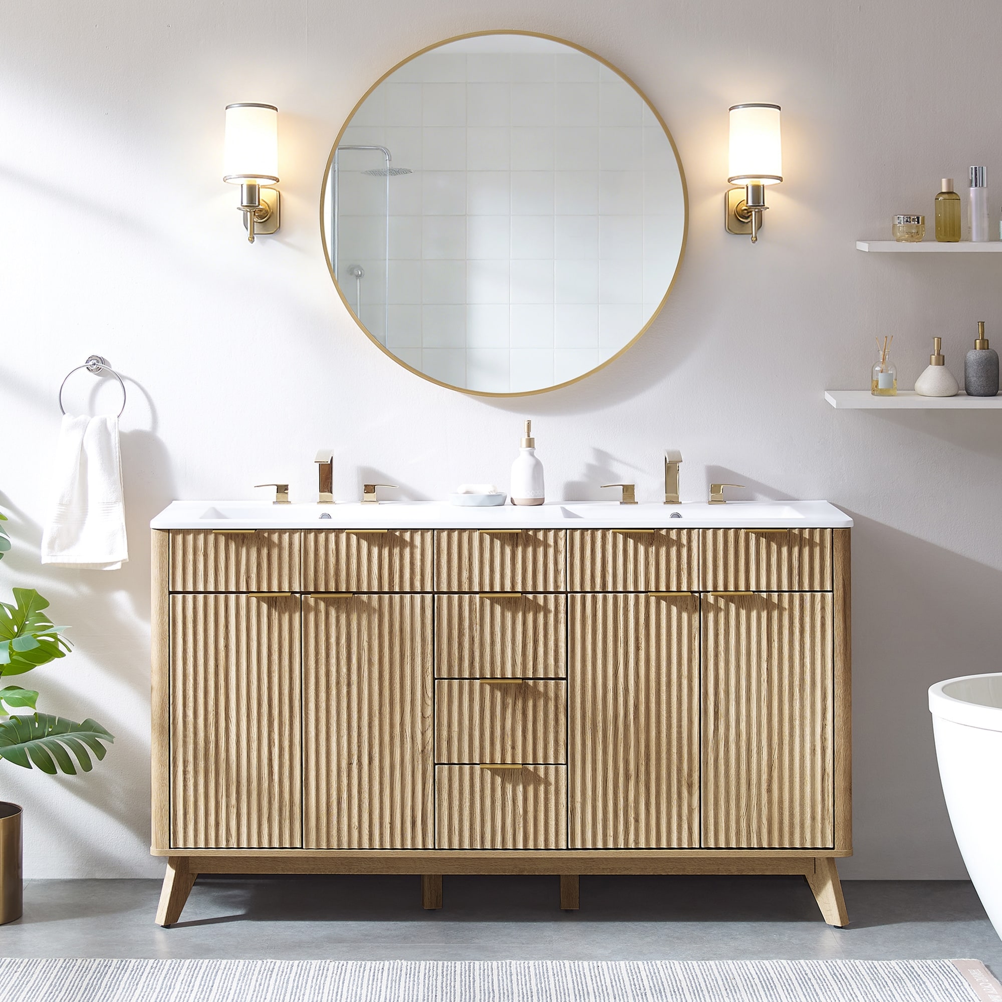 60" Fluted Bathroom Vanity with Sink, Bathroom Storage Vanity Cabinet