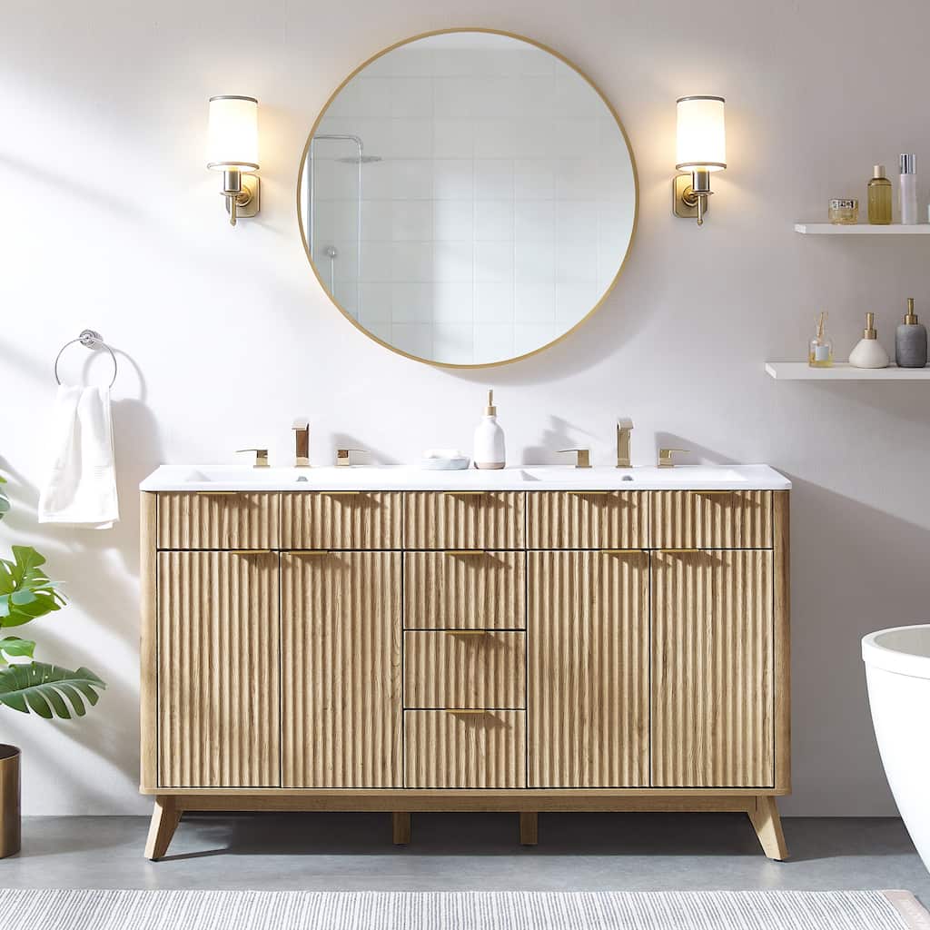 60" Fluted Bathroom Vanity with Sink, Bathroom Storage Vanity Cabinet