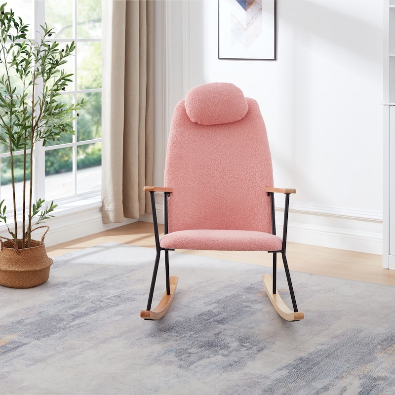 Teddy Fabric Upholstered Glider Rocker, Lounge Chair with Adjustable Headrest Pillow, Side Chair with High Backrest