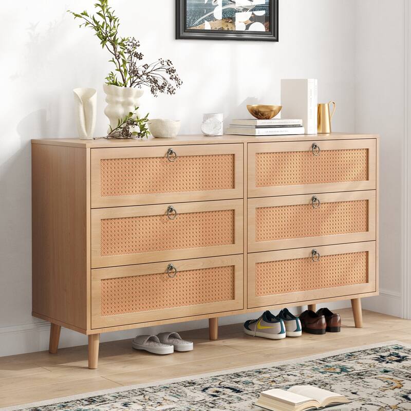 Rattan 6 Drawer Double Dresser for Bedroom, Chest of Dressers, Modern Dresser Drawer Chest - Vintage
