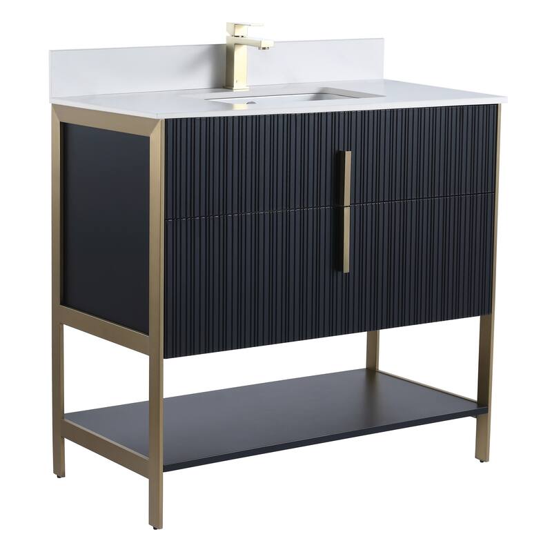 Fine Fixtures Serenity Modern Bathroom Vanity with White Stone Top - Black Matte - Brass Hardware - 36 inch