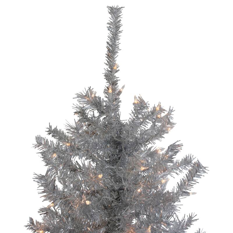 7.5' Silver Tinsel Pine Slim Artificial Christmas Tree - Clear Lights - 7.5 Foot