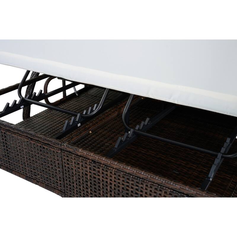 Outdoor Steel Frame Sun Lounger with Adjustable Backrest,Patio Double Sunbed with Hidden Side Table and Arched Armrests