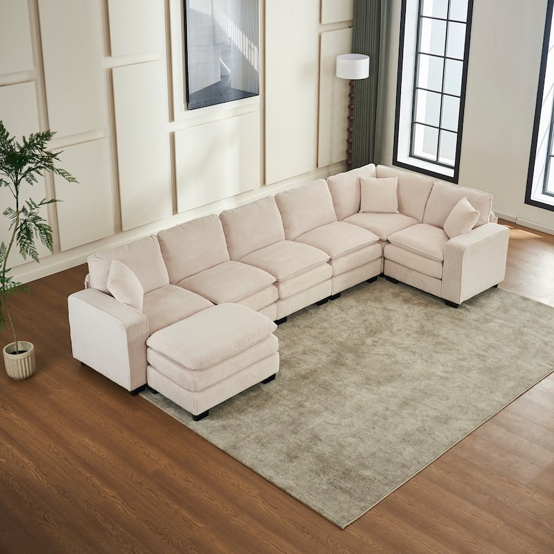 118.1'' Luxurious U-Shaped 6-Seater Sectional Sofa with Ottoman and 3 Plush Throw Pillows in Durable Corduroy Upholstery