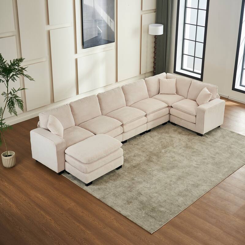Modern Corduroy Sofa with Spring Supported Cushions and Pillows and Wood Frame for Living Room and Guest Room