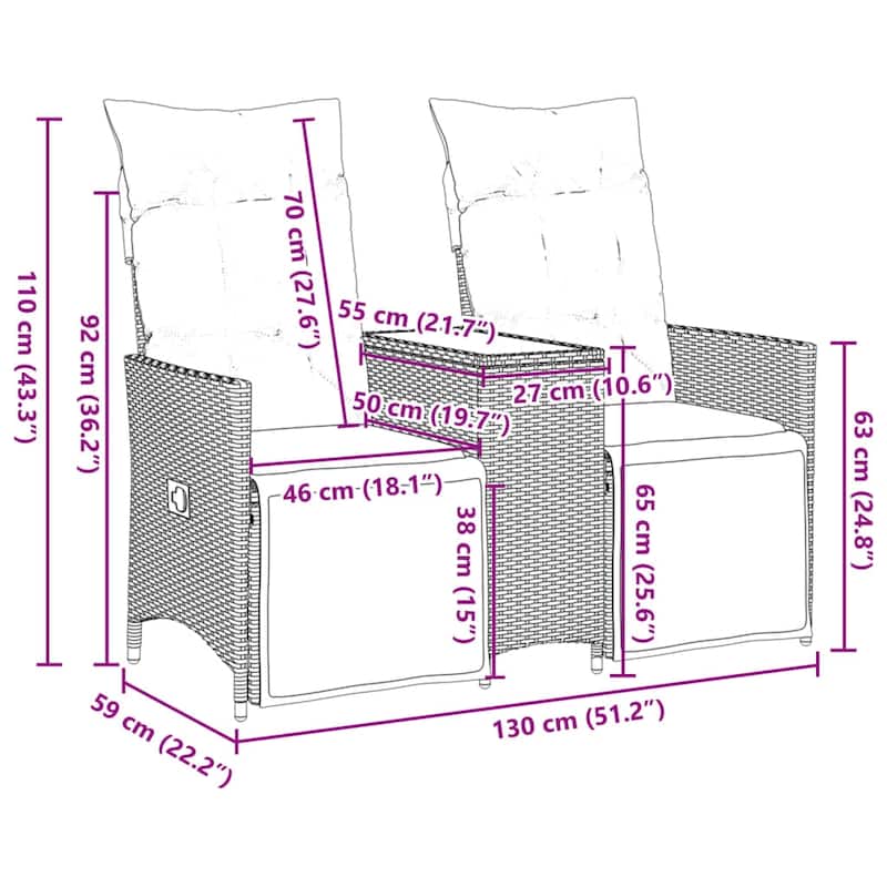 vidaXL Reclining Patio Sofa 2-Seater with Table Loveseat Furniture Poly Rattan - 23.2 x 51.2 x 36.2