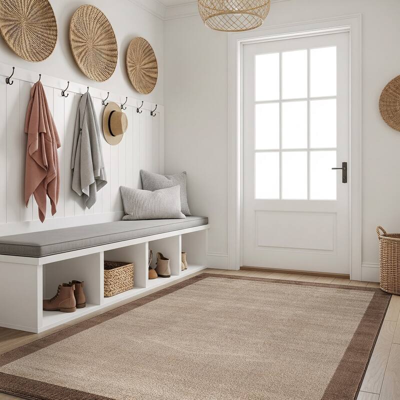 Modern Geometric Stripe Bordered Area Rug for Living Room, Bedroom, or Entryway - Low Pile Indoor Rug - Beige - 4' x 6'