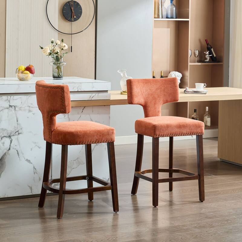 Linen Fabric Curved Backrest Counter Height Bar Stools Set of 2, Upholstered Kitchen Chairs with Nailhead Trim, Solid Wood Frame
