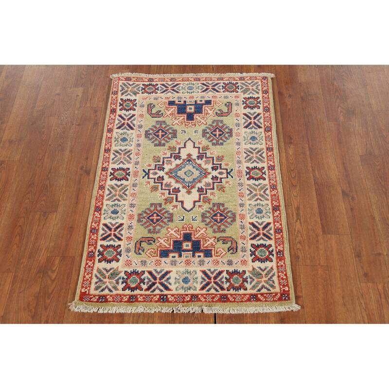 Pistachio Green Geometric Kazak Oriental Rug Hand-Knotted Wool Carpet - 2'1"x 2'10"