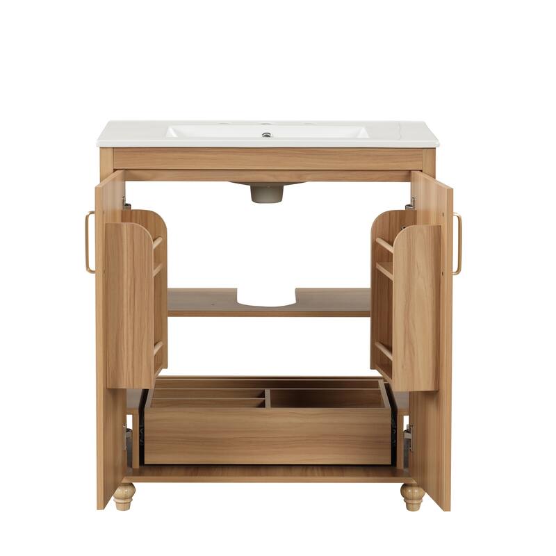 30" Bathroom Vanity with Sink Natural Wooden Storage Cabinet with Door Racks and Adjustable Shelf, Built-in Drawer with Divider