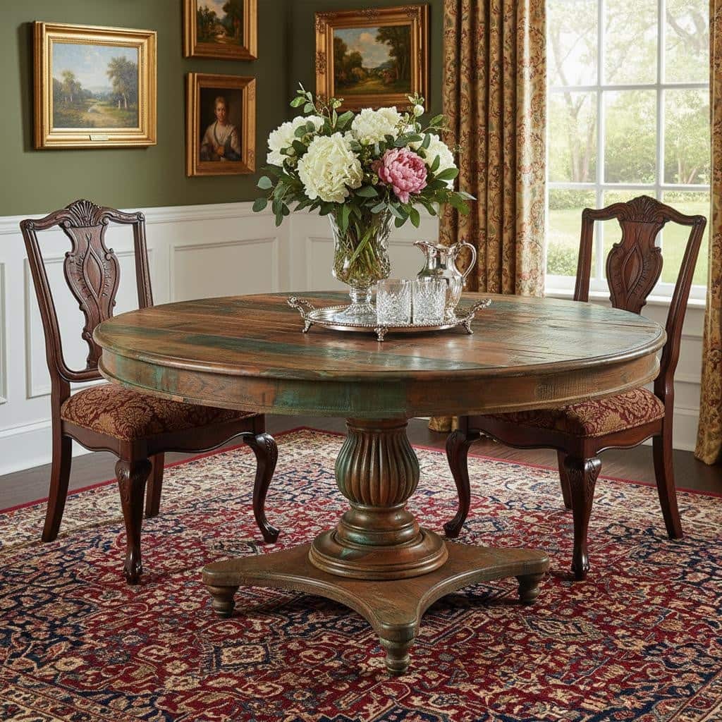 HomeRoots 42" Brown Rounded Rustic Reclaimed Solid Wood Dining Table - 42.00 in. x 31.00 in. x 42.00 in.